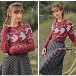 MODCLOTH You've Been Ghosted Fair Isle Sweater Red Sz S $79 {PP45}